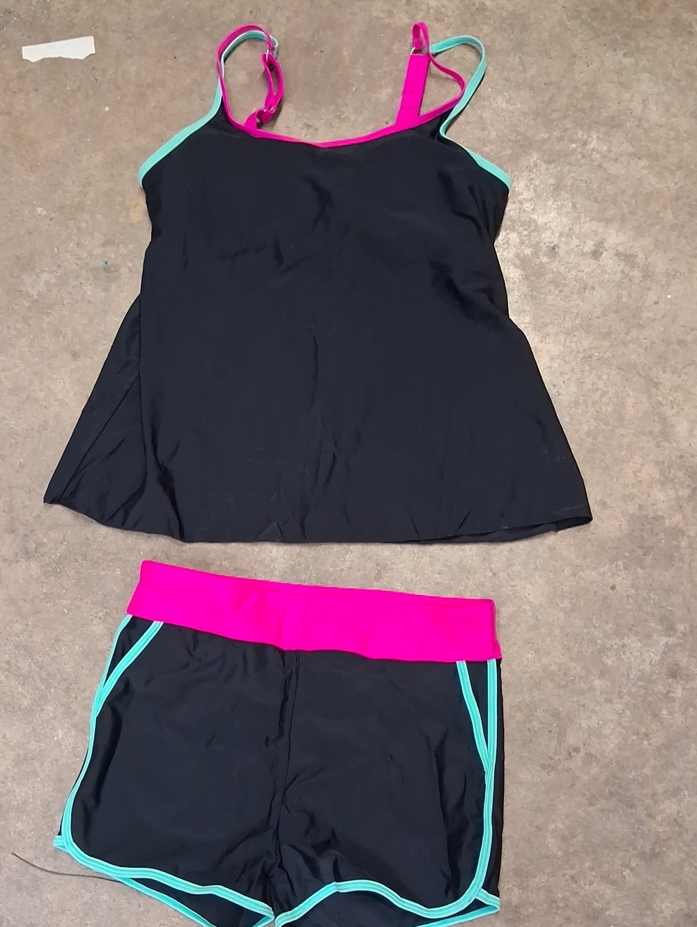 NWOT Womens Black Tankini Swim Set with Pink & Teal Trim